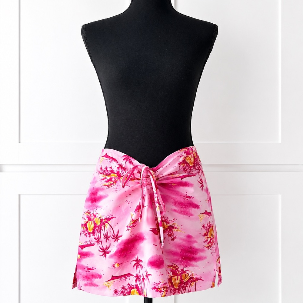 Vintage Charlotte Russe Pink Tropical Detailed Mini Skirt with Tie Waist